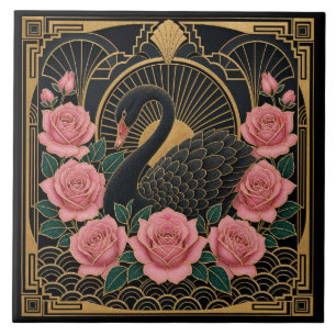 Azulejo Cisne negro y rosas rosadas Art Deco