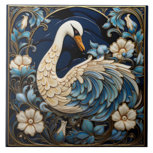 Azulejo Cisne Ornate, Azul y Blanco, Pájaro y Flores