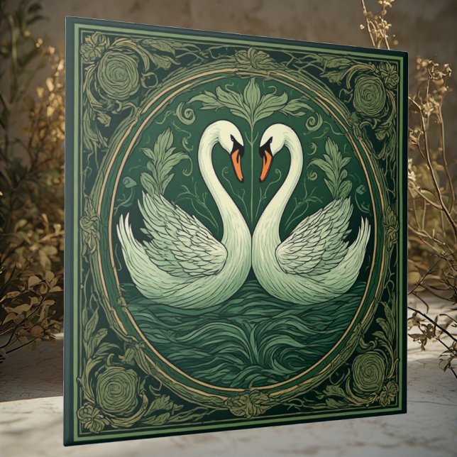 Azulejo Cisne verde amante parejas Art Nouveau Lago Etéreo (Art Nouveau Green Swan Lover Couples Ethereal Lake Ceramic Tile)