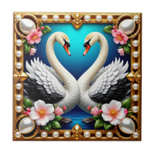 Azulejo Cisnes de Boda Marco Dorado Arte Floral Romántico