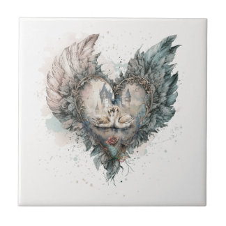 Azulejo Cisnes de cuento de hadas en el corazón de la plum