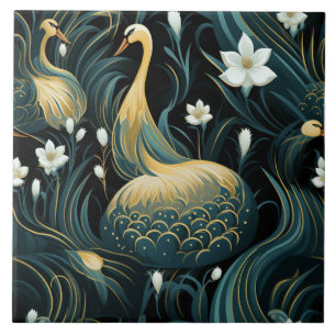 Azulejo Cisnes dorados inspiran pájaros y flores blancas