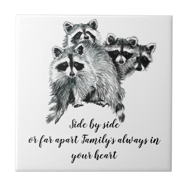 Azulejo Cita Inspiradora de la familia Watercolor Raccoon (Frente)