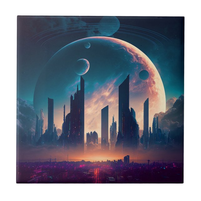 Azulejo Ciudad espacial Cyberpunk de ciencia ficción (Frente)