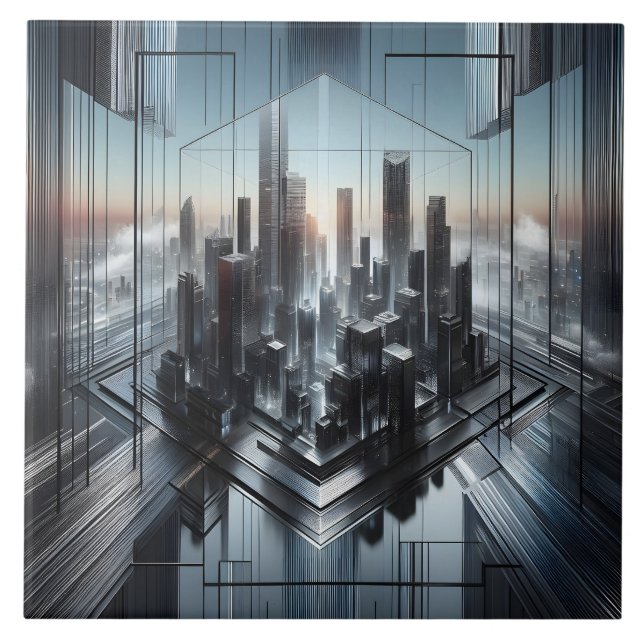 Azulejo Ciudad futurista contemporánea de metal gris negro (Frente)