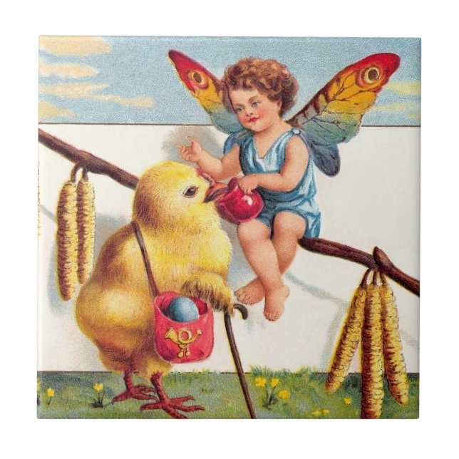 Azulejo Clapsaddle: Hada de Pascua con el pollo (Frente)