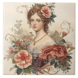 Azulejo Clásica, bella Noblewoman con adorno de Rosas