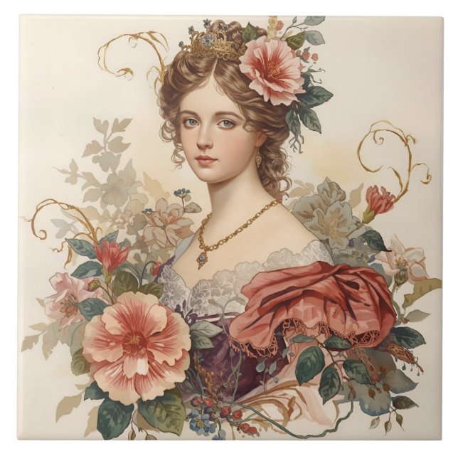 Azulejo Clásica, bella Noblewoman con adorno de Rosas (Frente)