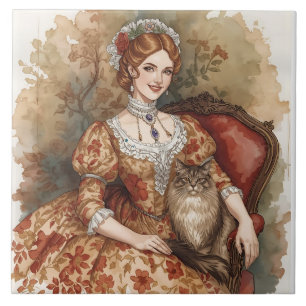 Azulejo Clásica, elegante dama con su gato, victoriana