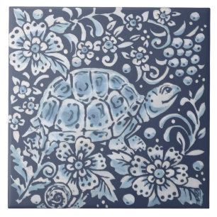 Azulejo Clásico Azul Blanco Ornate Tortuga Bosque Floral 