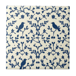 Azulejo Clásico Azul Marino Pájaro Damask Toile Silueta