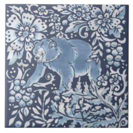 Azulejo Clásico Azul Ornate Blanco Oso Bosque Arte Floral