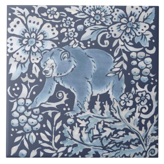 Azulejo Clásico Azul Ornate Blanco Oso Bosque Arte Floral (Frente)