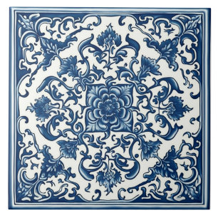 Azulejo Clásico Azul y Blanco, Floral, Arte Chino
