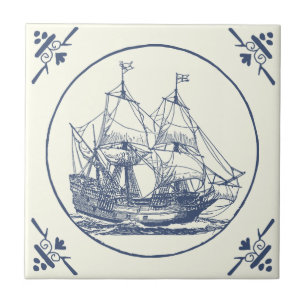 Azulejo Clásico barco de vela del mar Azul de época en mar