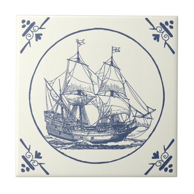 Azulejo Clásico barco de vela del mar Azul de época en mar (Frente)