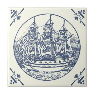 Azulejo Clásico barco de vela del mar Azul de época en mar