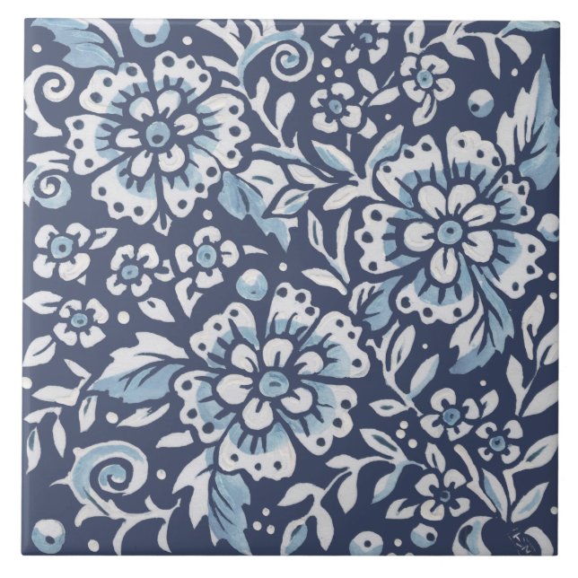 Azulejo Clásico Blue White Ornate Flores Florales Arte Flo (Frente)