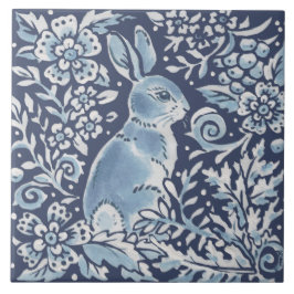Azulejo Clásico Blue White Ornate Rabbit Fern Floral Art
