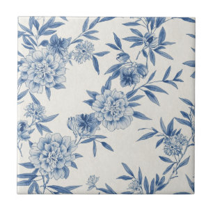 Azulejo Clásico Estampado Toile Floral Azul Acuarela Blanc