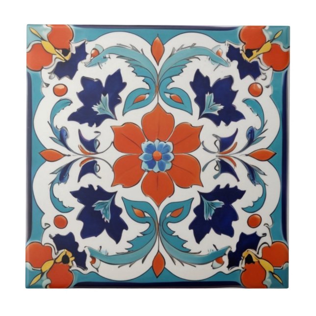 Azulejo Clásico floral tradicional Iznik turco Azul rojo (Frente)