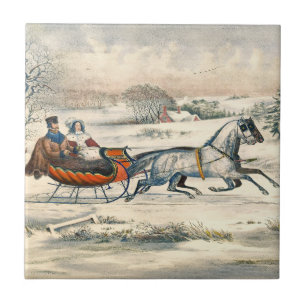 Azulejo Clásico Paseo en Trineo 1853 Currier Ives Camino I