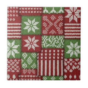 Azulejo Clásico Patchwork de Punto de Navidad - Rojo, Verd
