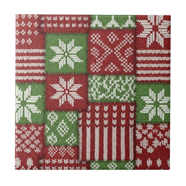 Azulejo Clásico Patchwork de Punto de Navidad - Rojo, Verd (Frente)