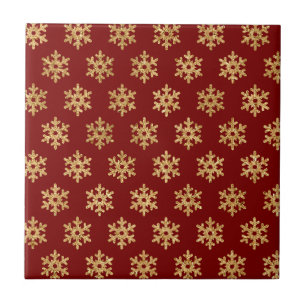 Azulejo Clásico Rojo Dorado Metálico Copo de Nieve Navidad