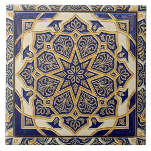 Azulejo Clásico Talavera Mediterráneo Cobalto Azul y Dorad