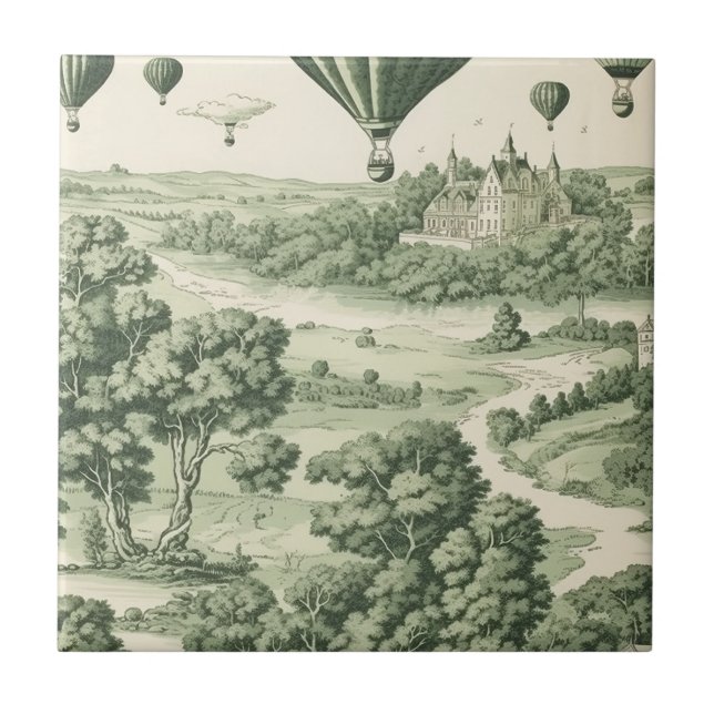 Azulejo Clásico Toile de Jouy Verde Campiña Francesa (Frente)