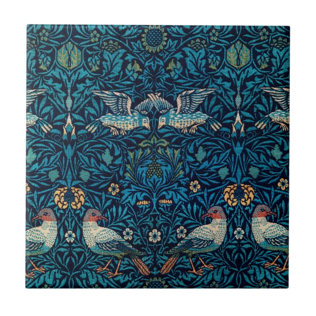 Azulejo Clásico William Morris Azul patrón l Aves Florales (Frente)