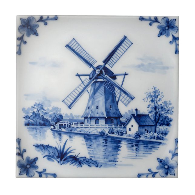 Azulejo Classic Delft Blue Windmill Canal Scene (Frente)