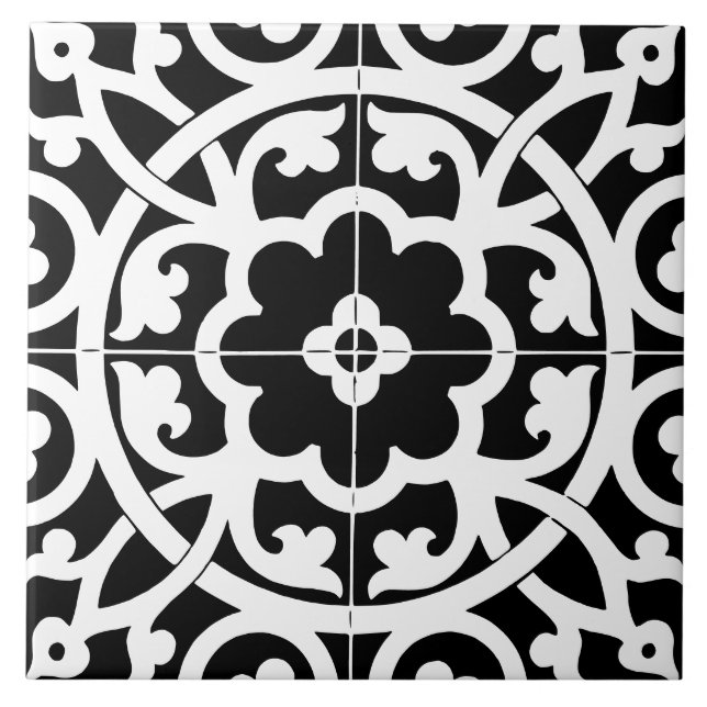 Azulejo Classic Flower Line Art Floral Black & White (Frente)