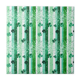 Azulejo Classic Green White Vertical Stripes Shamrocks