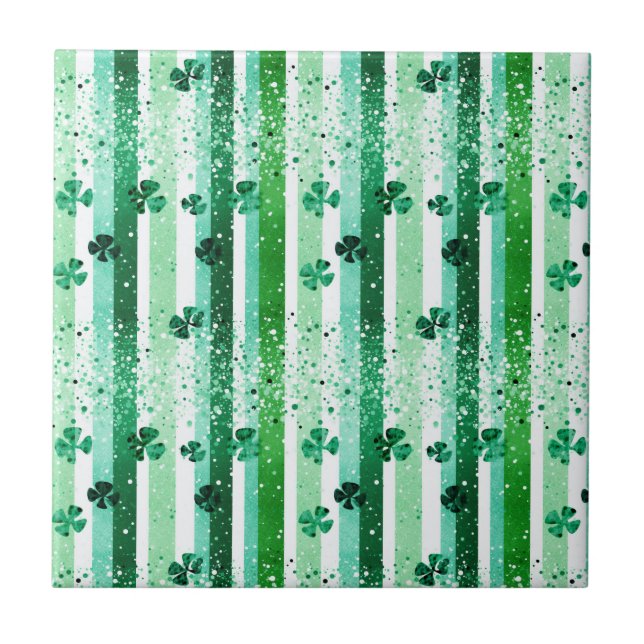 Azulejo Classic Green White Vertical Stripes Shamrocks (Frente)