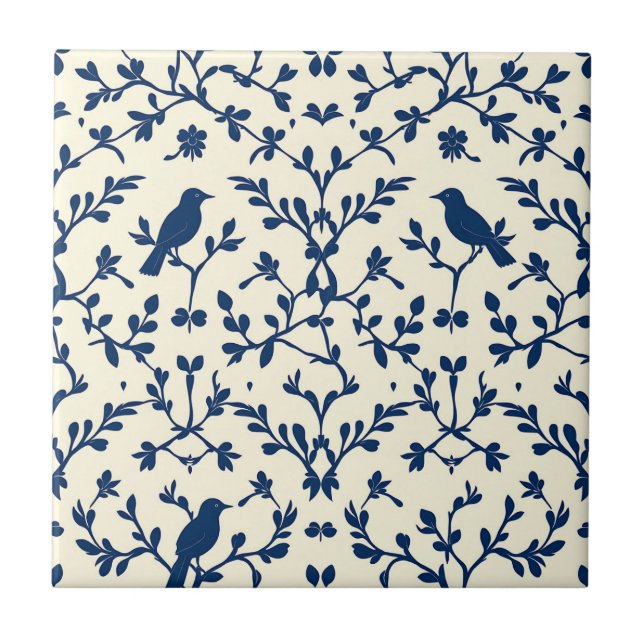Azulejo Classic Navy Blue Bird Damask Toile Silhouette  (Frente)