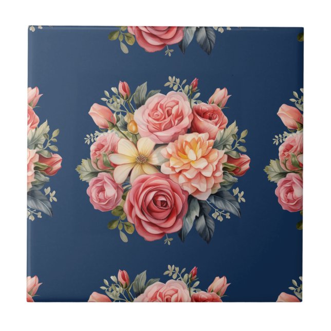 Azulejo Classic Pink Roses Floral on a Blue Background (Frente)