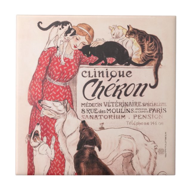 Azulejo Clinique Cheron Vintage Dog Cat Steinlen Poster (Frente)