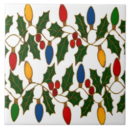 Azulejo Cloisonne Art Christmas Lights and Holly