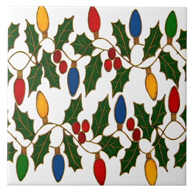 Azulejo Cloisonne Art Christmas Lights and Holly (Frente)