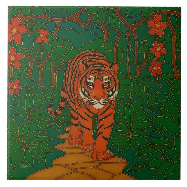 Azulejo Cloisonne Art Tiger on the Jungle Path (Frente)