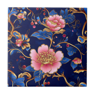 Azulejo Cloisonne azules rosados patrón floral
