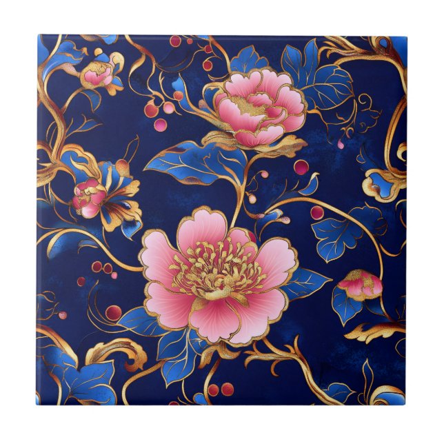 Azulejo Cloisonne azules rosados patrón floral (Frente)