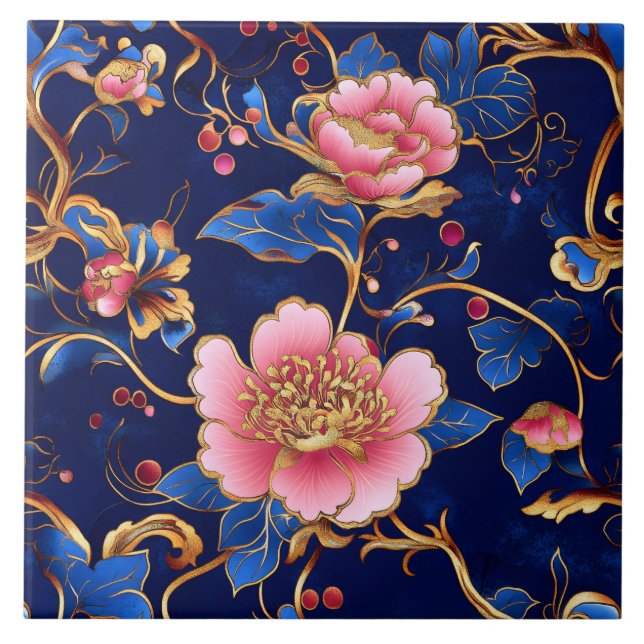 Azulejo Cloisonne azules rosados patrón floral (Frente)