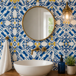 Azulejo Coastal Arabesque Blue Botanical Mosaic Elegant