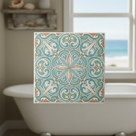 Azulejo Coastal Mediterranean Pattern Pat#8 Teal ID1195