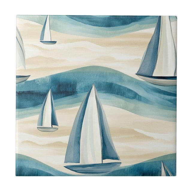 Azulejo Coastal Sailboat Waves Nautical Pattern (1) (Frente)