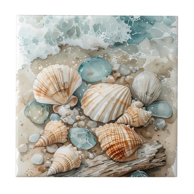 Azulejo Coastal Seashell Watercolor Driftwood Scene (Frente)