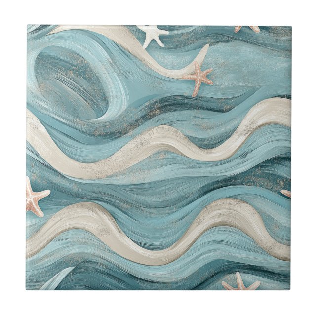 Azulejo Coastal Starfish on Aqua Sand Waves Pattern (10) (Frente)
